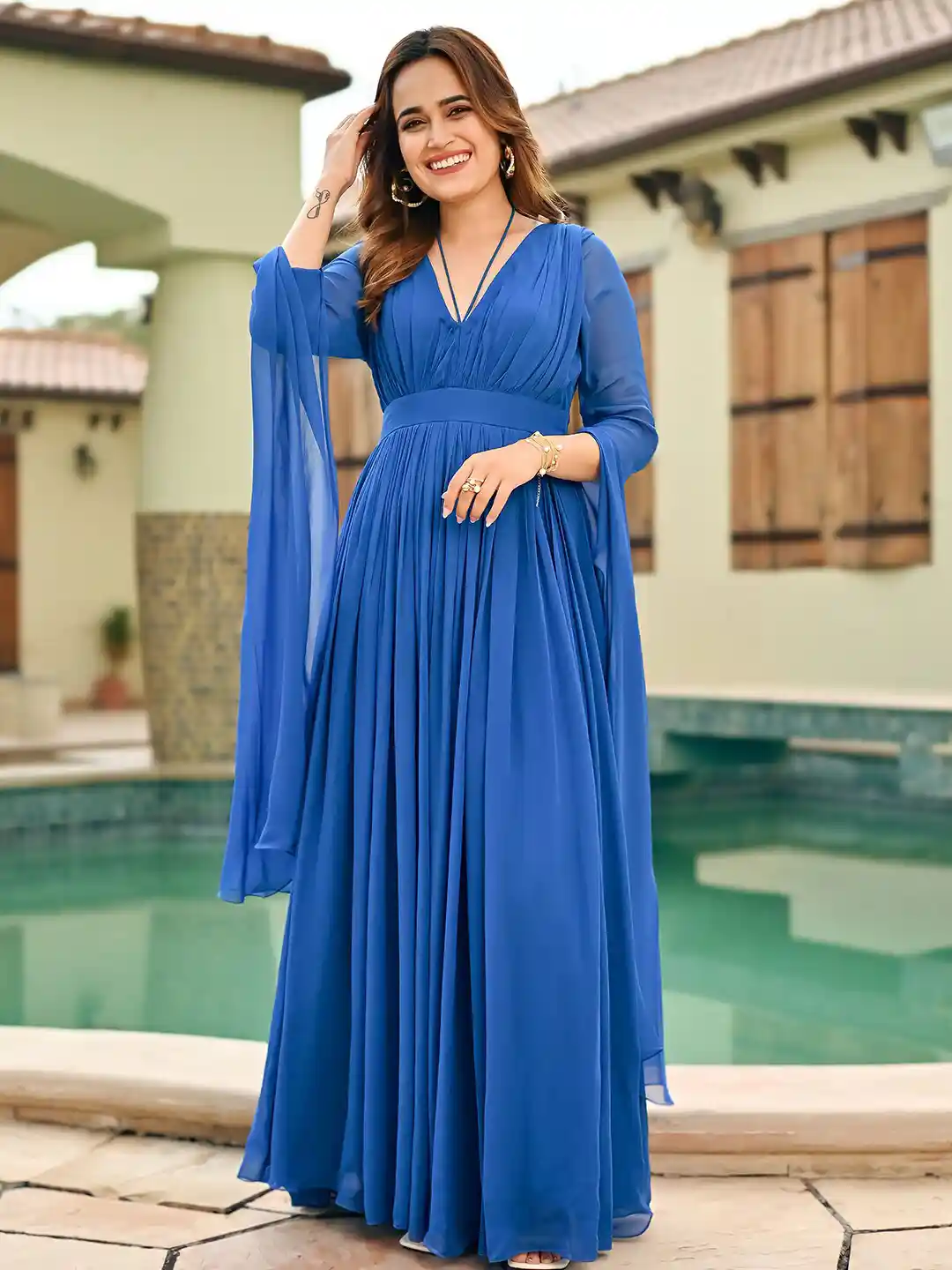 Buy KALINI V neck Long Sleeves Georgette Flared Maxi Dress