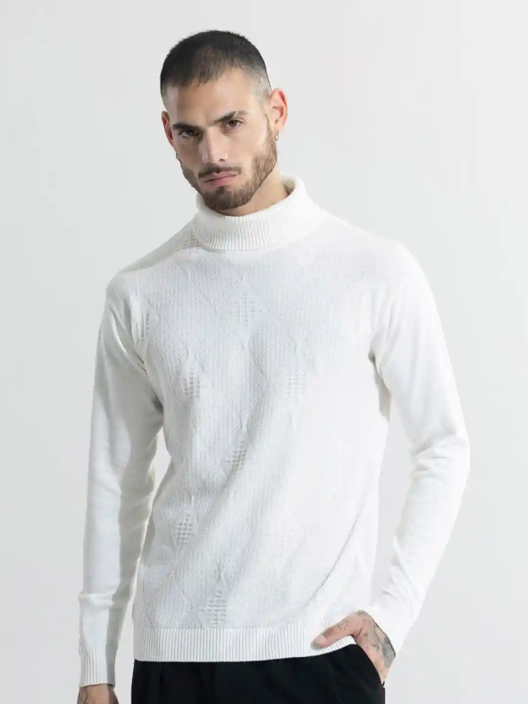Buy Snitch White Turtle Neck Self Design Cotton Pullover