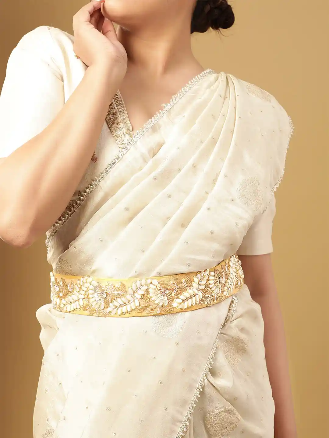 Buy Rubans Gold Fabric Embroidered Waist Belt with Pearl Beaded