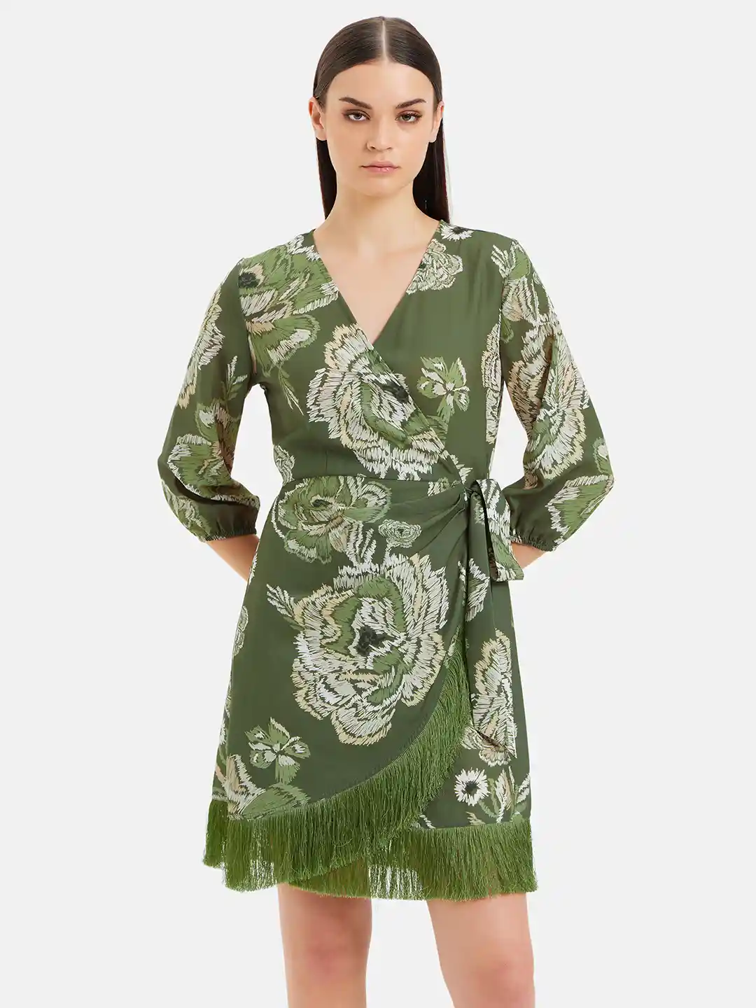 Buy Kazo Green Floral Printed Wrap Mini Dress Dresses for Women
