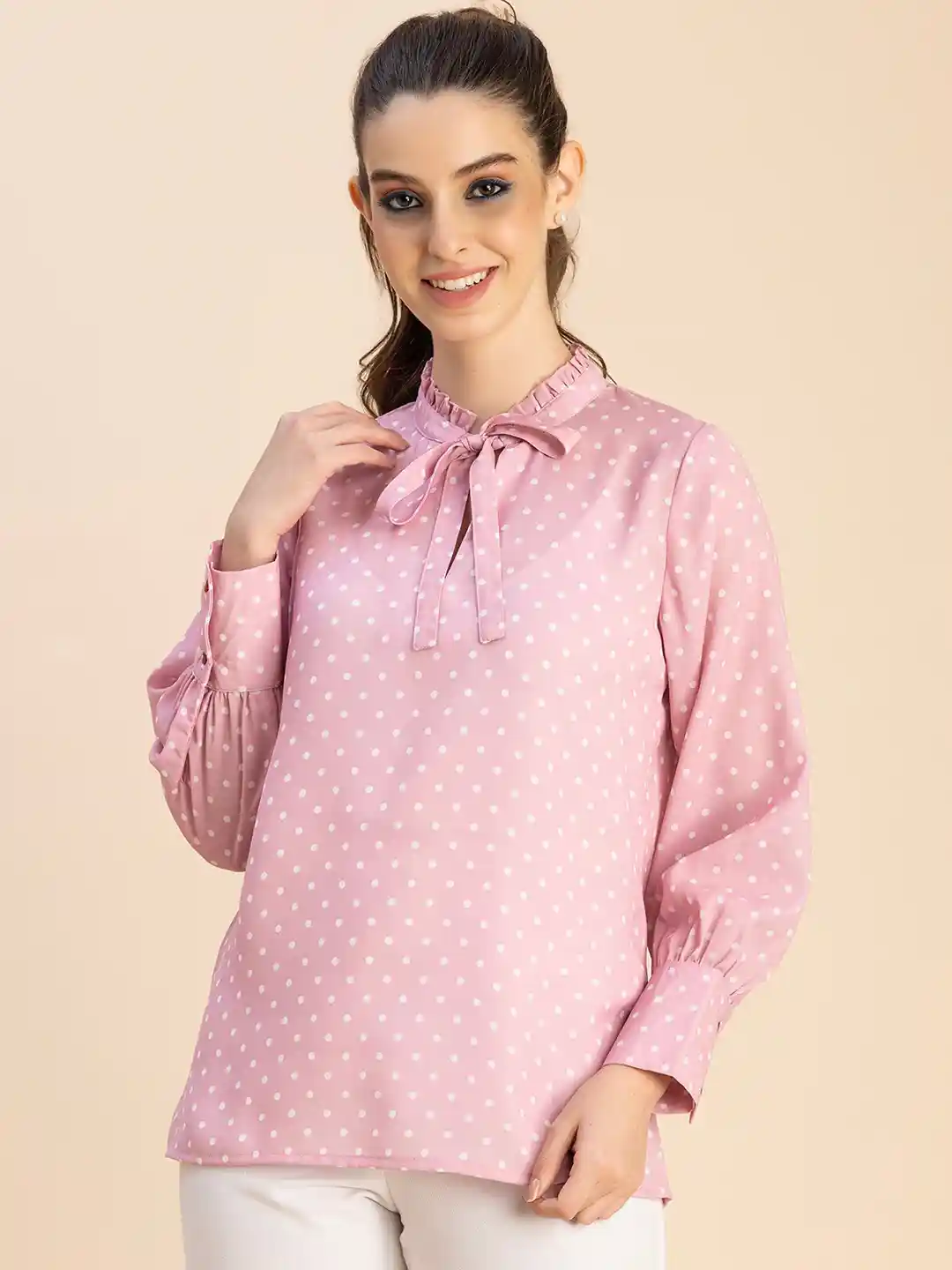 Moomaya Polka Dot Printed Tie Up Neck Puff Sleeves Opaque Casual Shirt