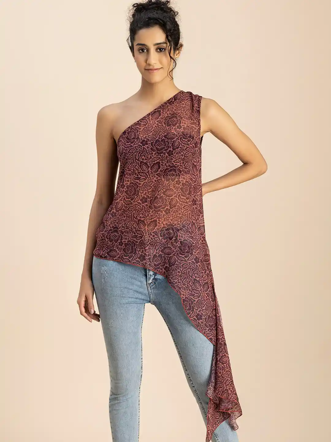 OMMO IRREGULAR PATTERN ONE SHOULDER OP One Shoulder Top