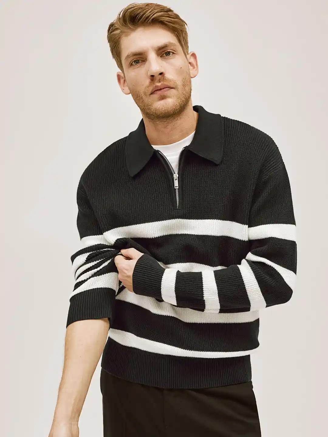 h&m black and white striped polo shirt mens