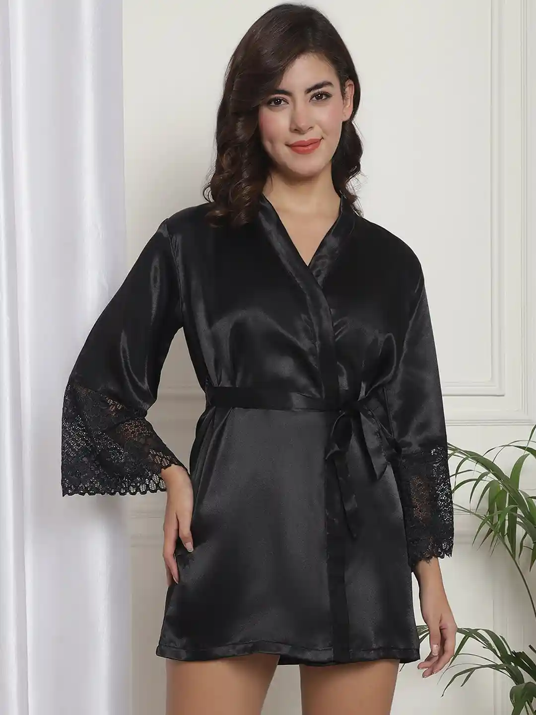 Buy Claura V-Neck Long Sleeves Silk Satin Mini Sleepwear Robe