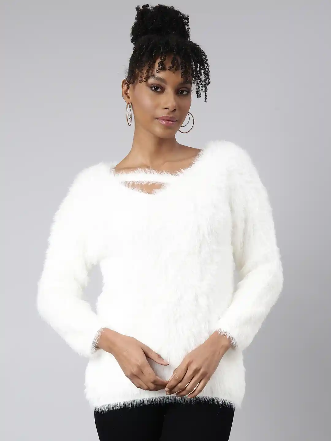 Buy SHOWOFF Faux Fur Trim V-Neck Long Sleeves Blouson Regular Top
