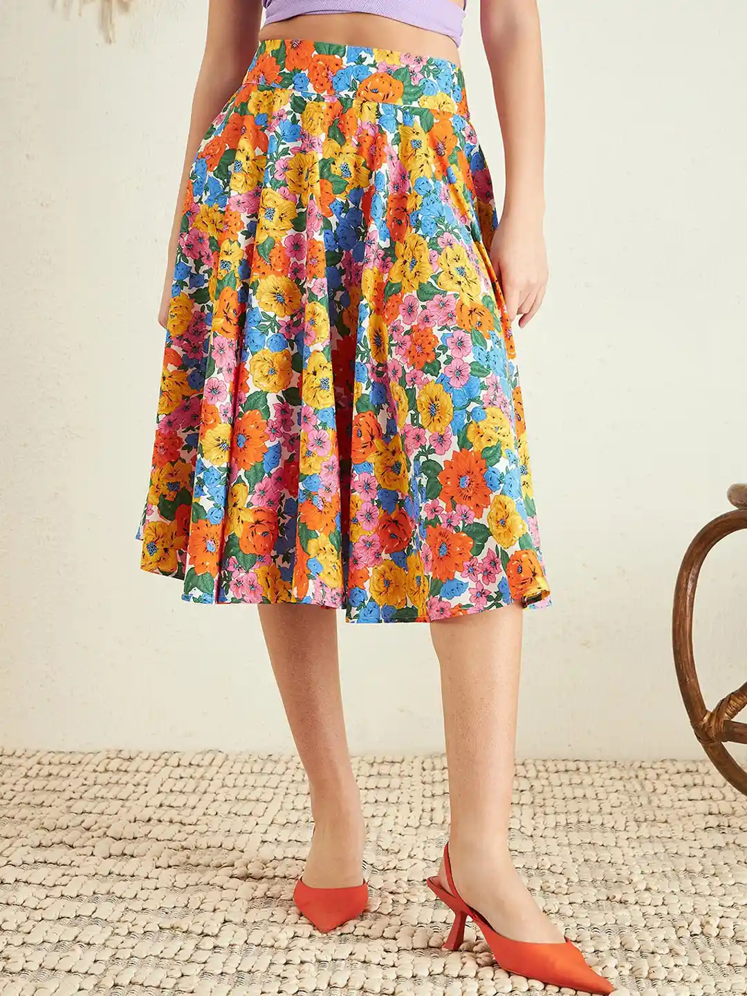 Buy Berrylush Yellow Orange Floral Print Pleated A-Line Knee