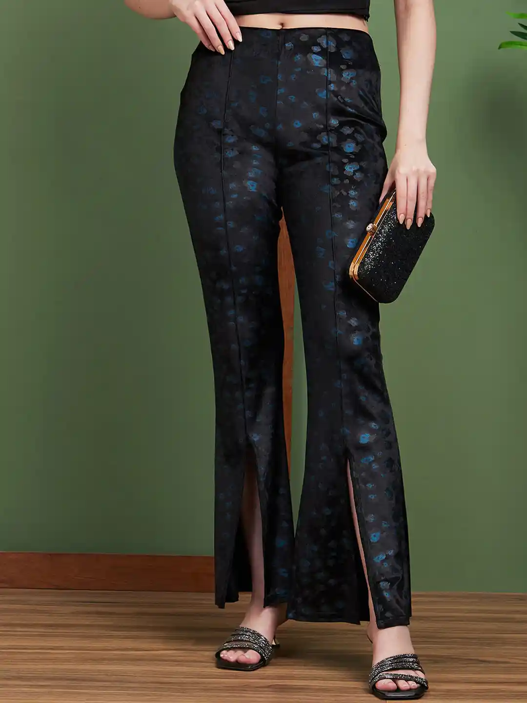 Buy Globus Women Black Abstract Printed Bootcut Trousers - Main Image