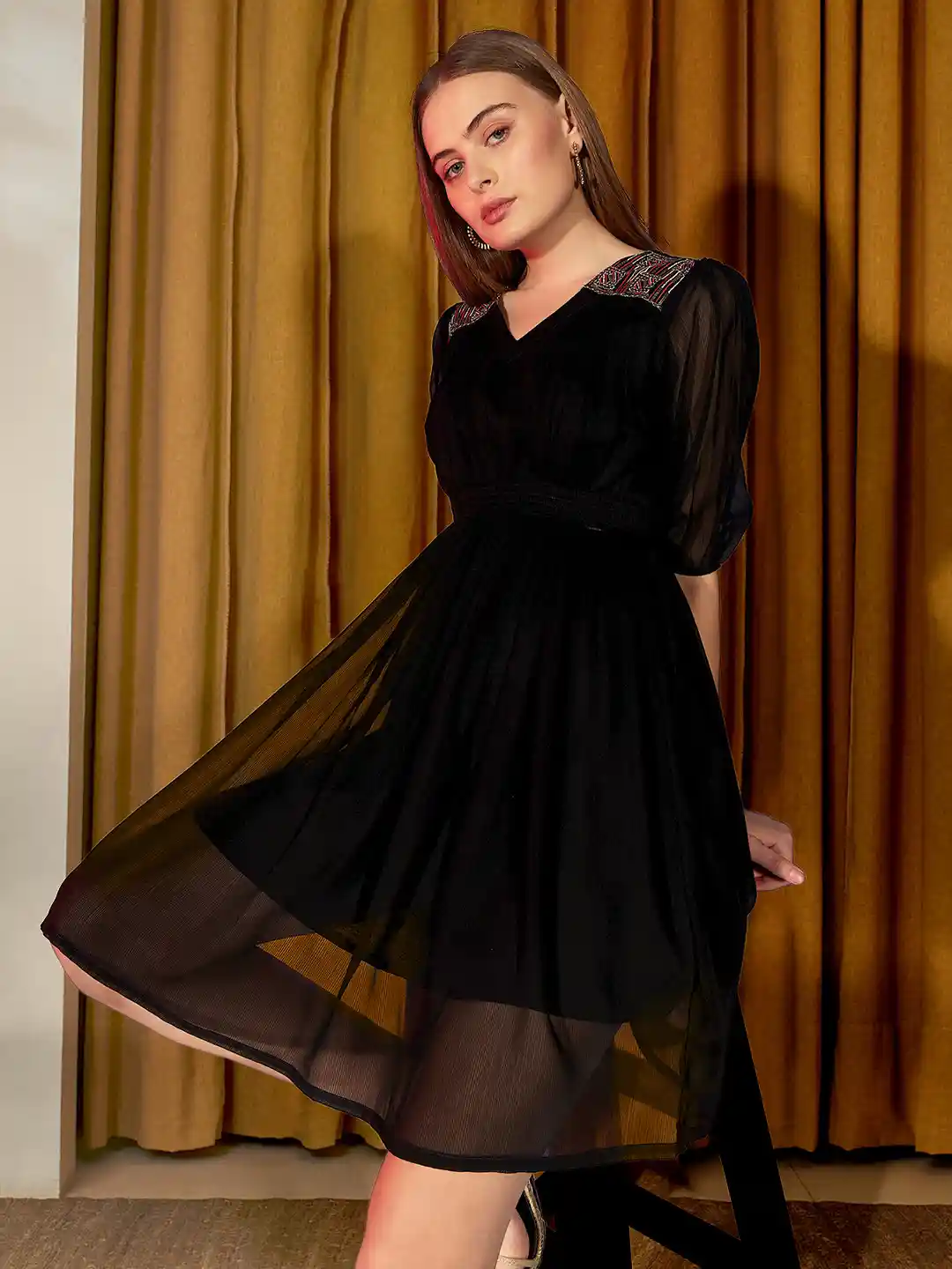 V Neck Women's Black Fit And Flare Dress DressBerry V-Neck