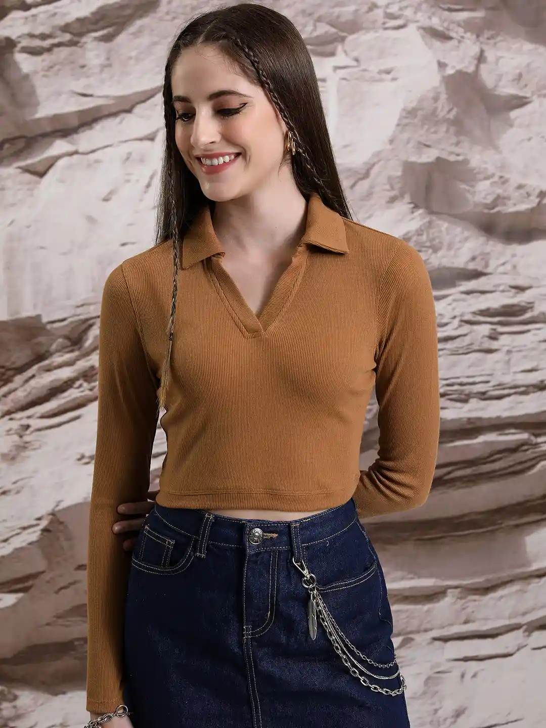 Buy Tokyo Talkies Brown Shirt Style Long Sleeves Crop Top Tops