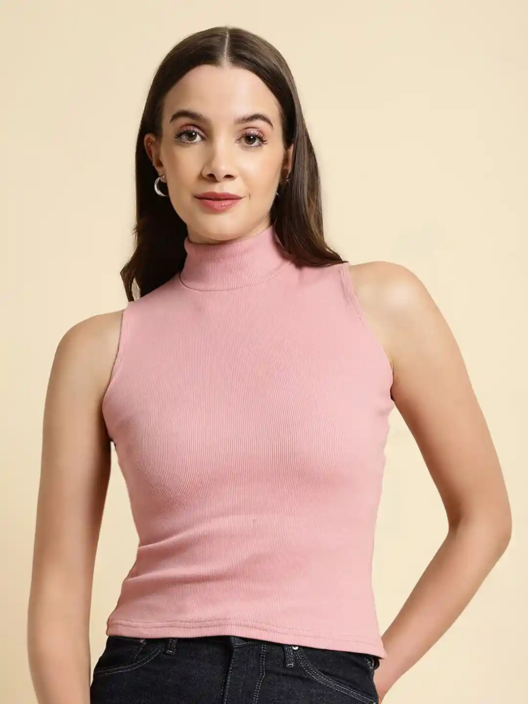 Buy UnaOne High Neck Ribbed Sleeveless Fitted Top Tops for Women