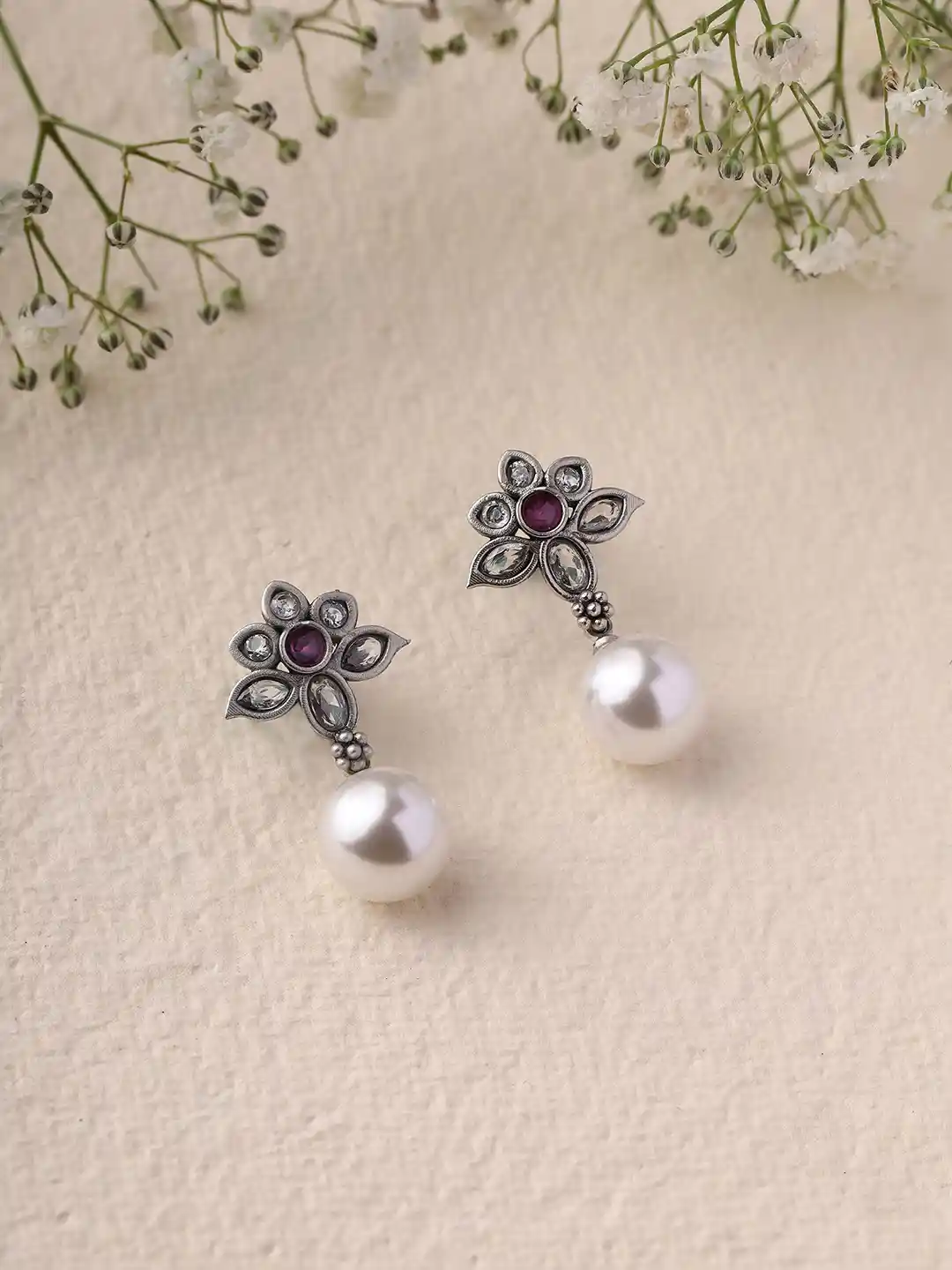 Buy Priyaasi Silver Plated Artificial Beads Oxidized Drop Earrings