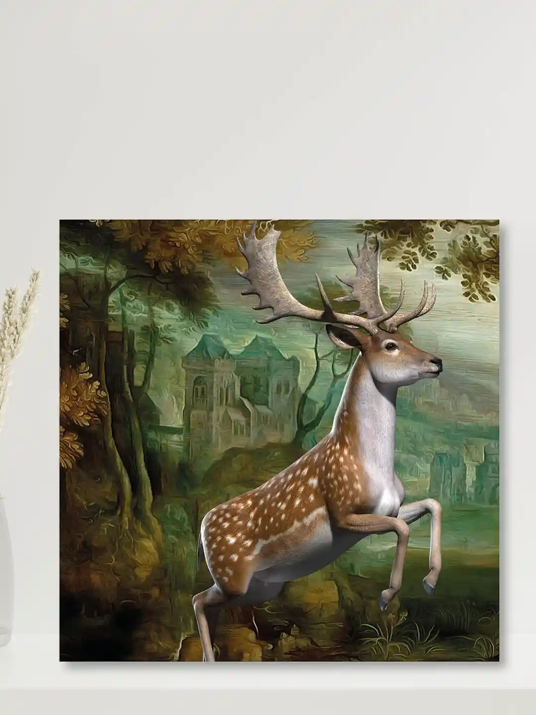 Buy OLIVE TREE Brown & White Deer Canvas Framed Painting Wall Art