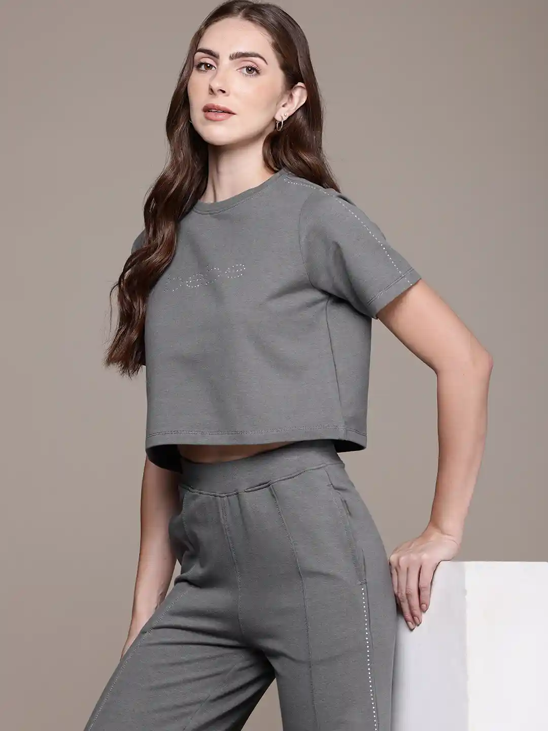 Buy bebe Women Brand Logo Embellished Crop T-shirt Trousers Co