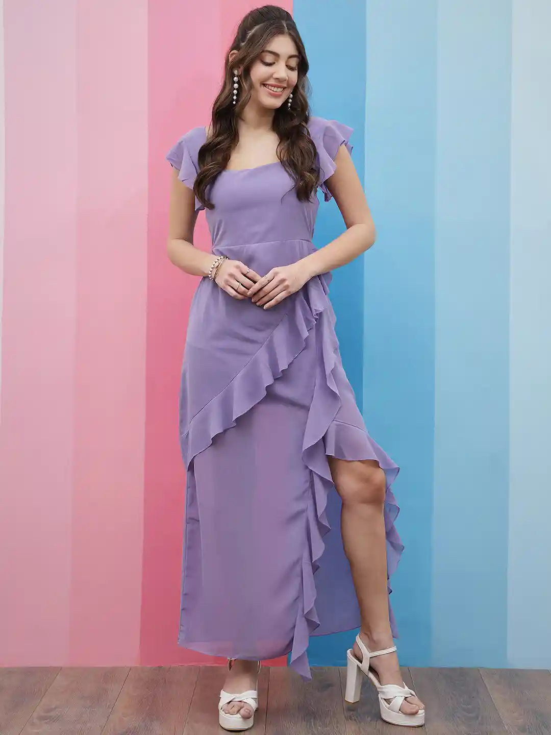 Buy Athena Lavender Square Neck Flutter Sleeves Ruffled Detailed