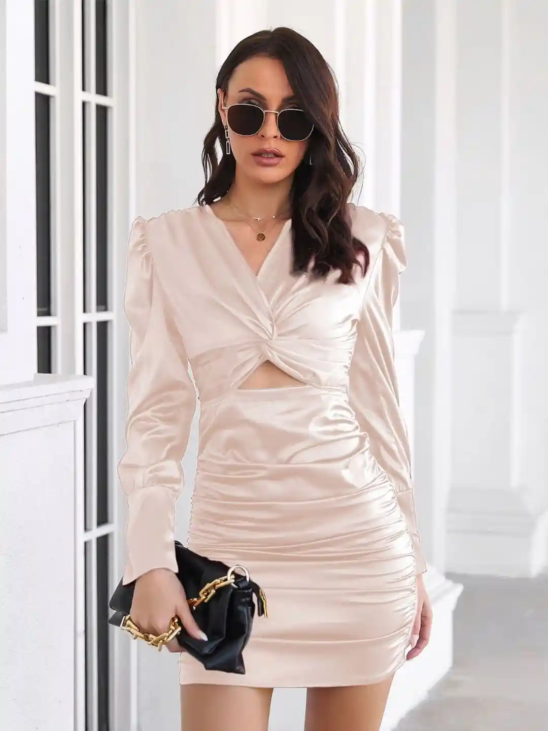 Buy DressBerry Champagne Puff Sleeves Cut-Out Detail Satin Bodycon