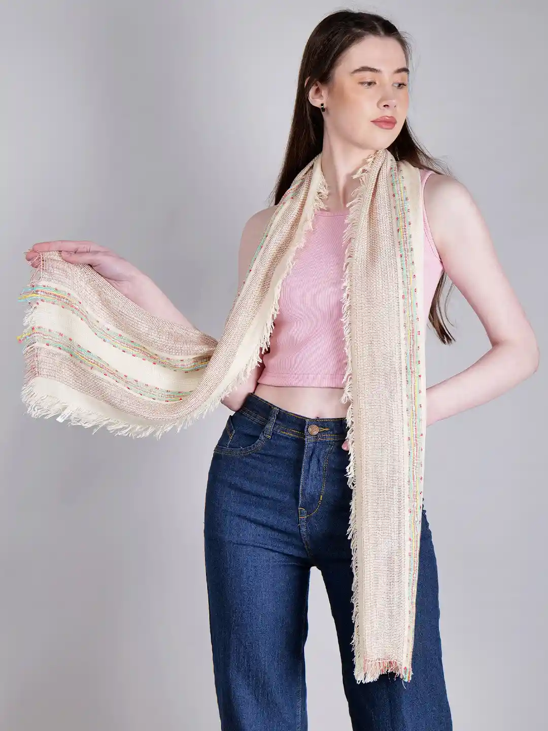 Buy DressBerry Beige-Coloured Printed Cotton Scarf Scarves for