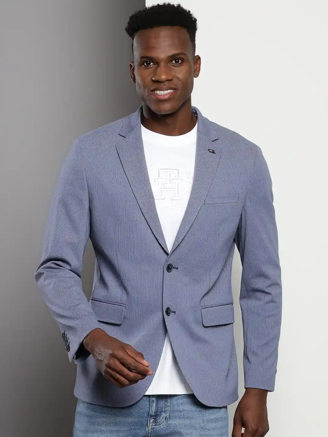 Buy Tommy Hilfiger Striped Notched Lapel Collar Single Breasted