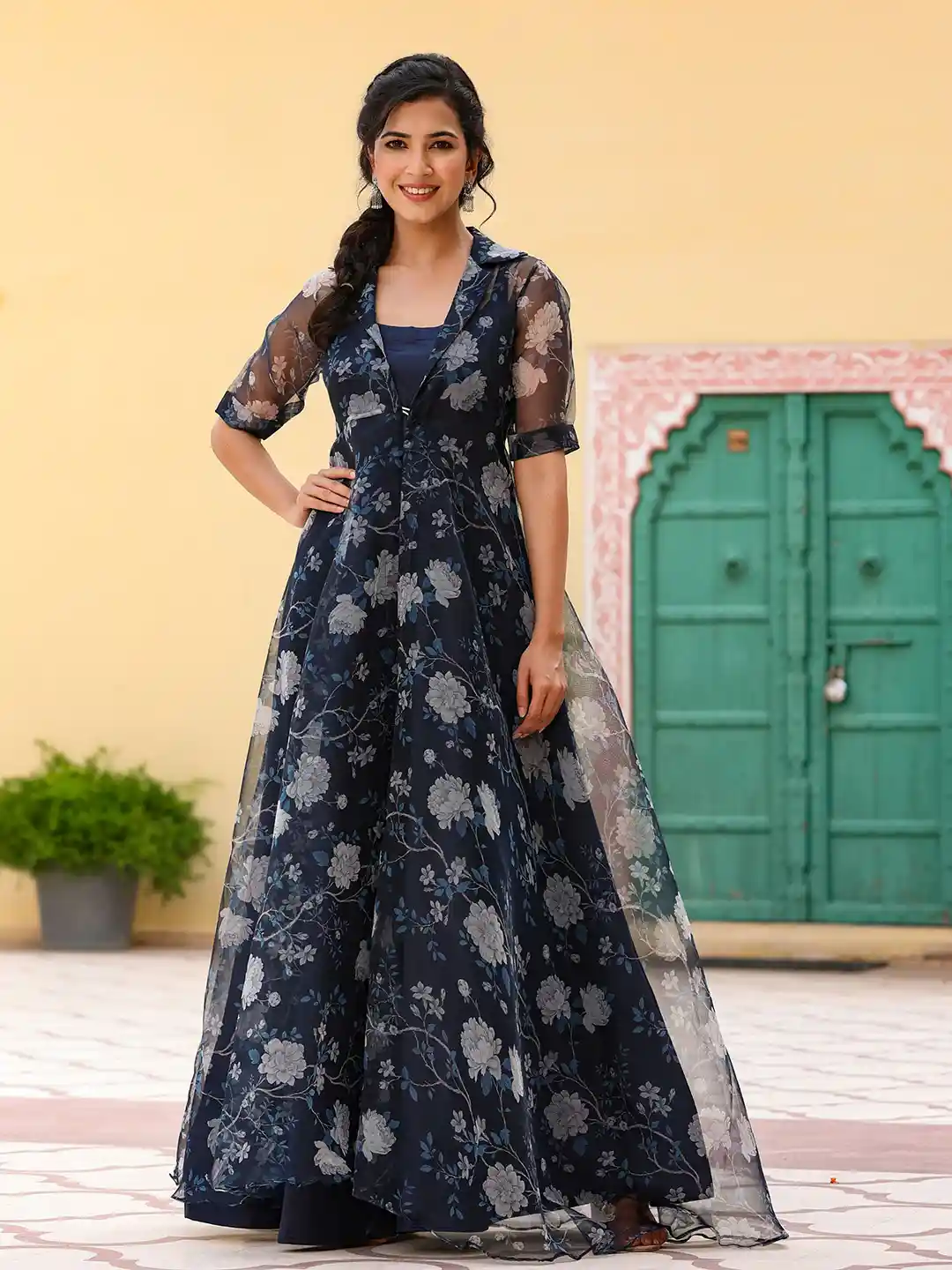 Buy GILLORI Cotton Silk Maxi Dress with Floral Print Organza