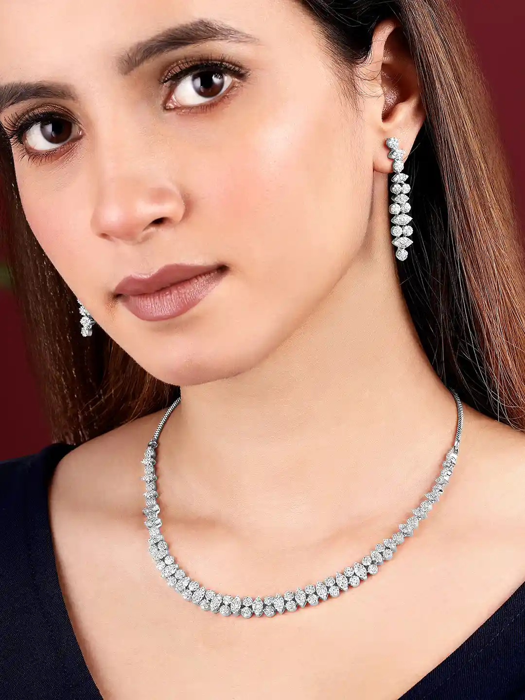 Buy Peora Silver Plated Cubic Zirconia Studded Necklace Earrings
