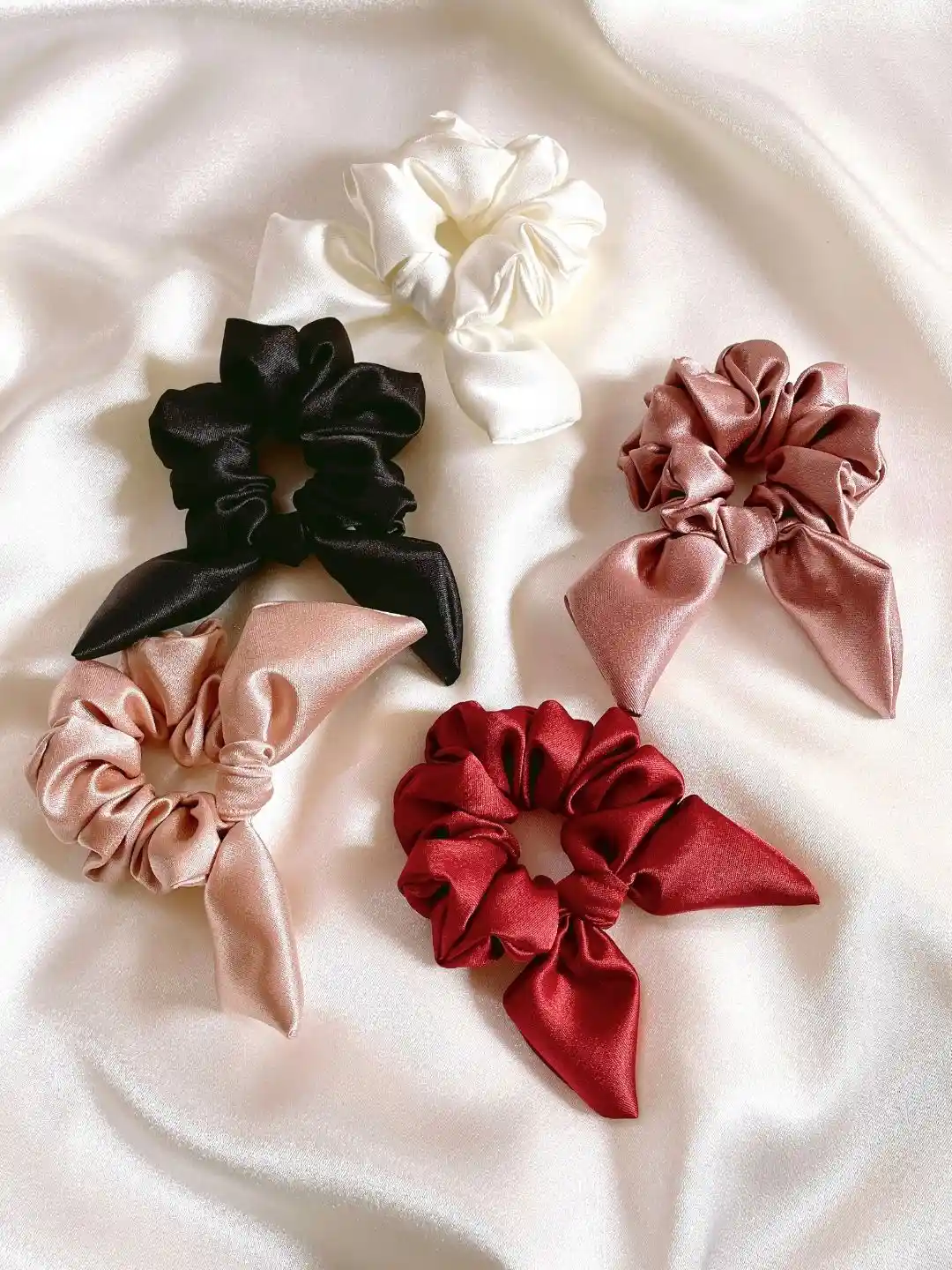 Buy Mueras Set of Bow Tie Knot Silk Satin Scrunchies Hair - Main Image
