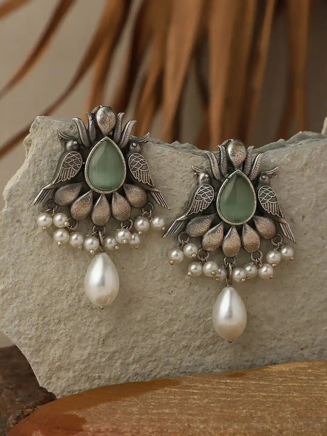 Buy VENI Silver-Plated Oxidised Contemporary Drop Earrings