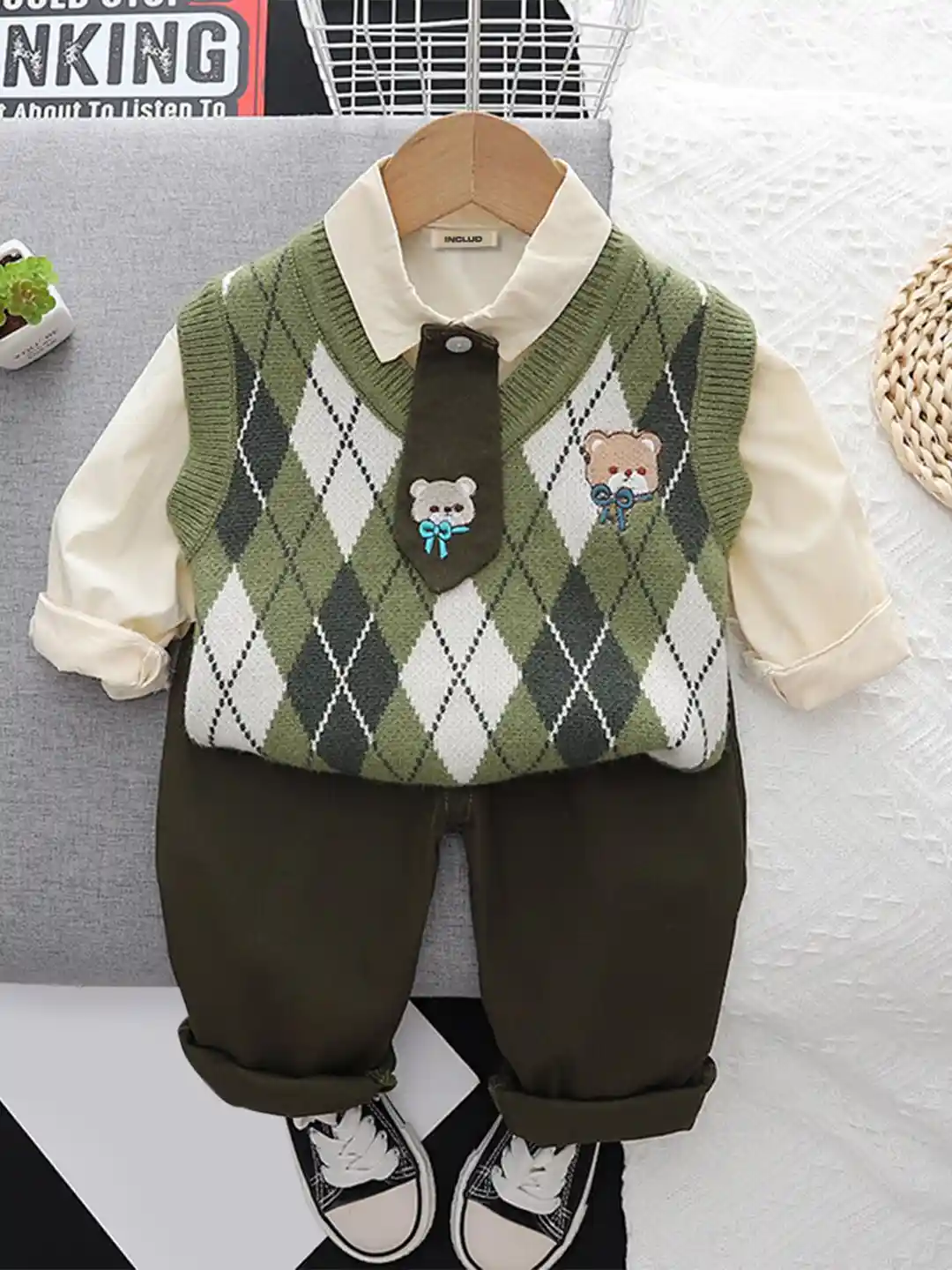 Buy INCLUD Boys Printed Sweater With Shirt Trouser Set