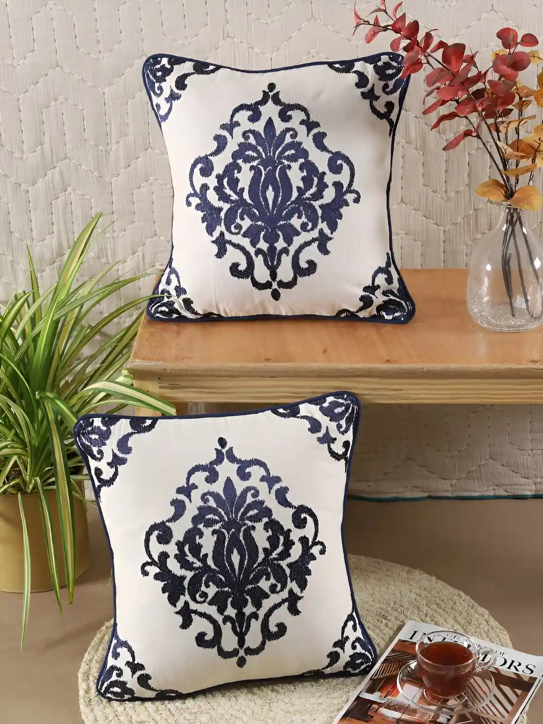 Buy TARAN LIVING Blue White Pcs Embroidered Square Cotton