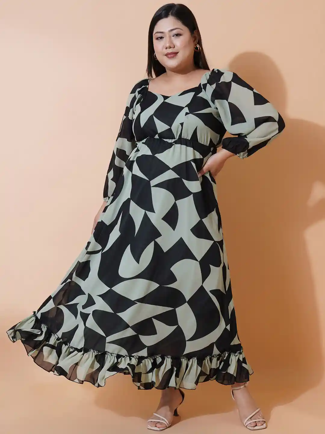 Buy U&F Beyond Geometric Printed Ruffled A-Line Maxi Dress