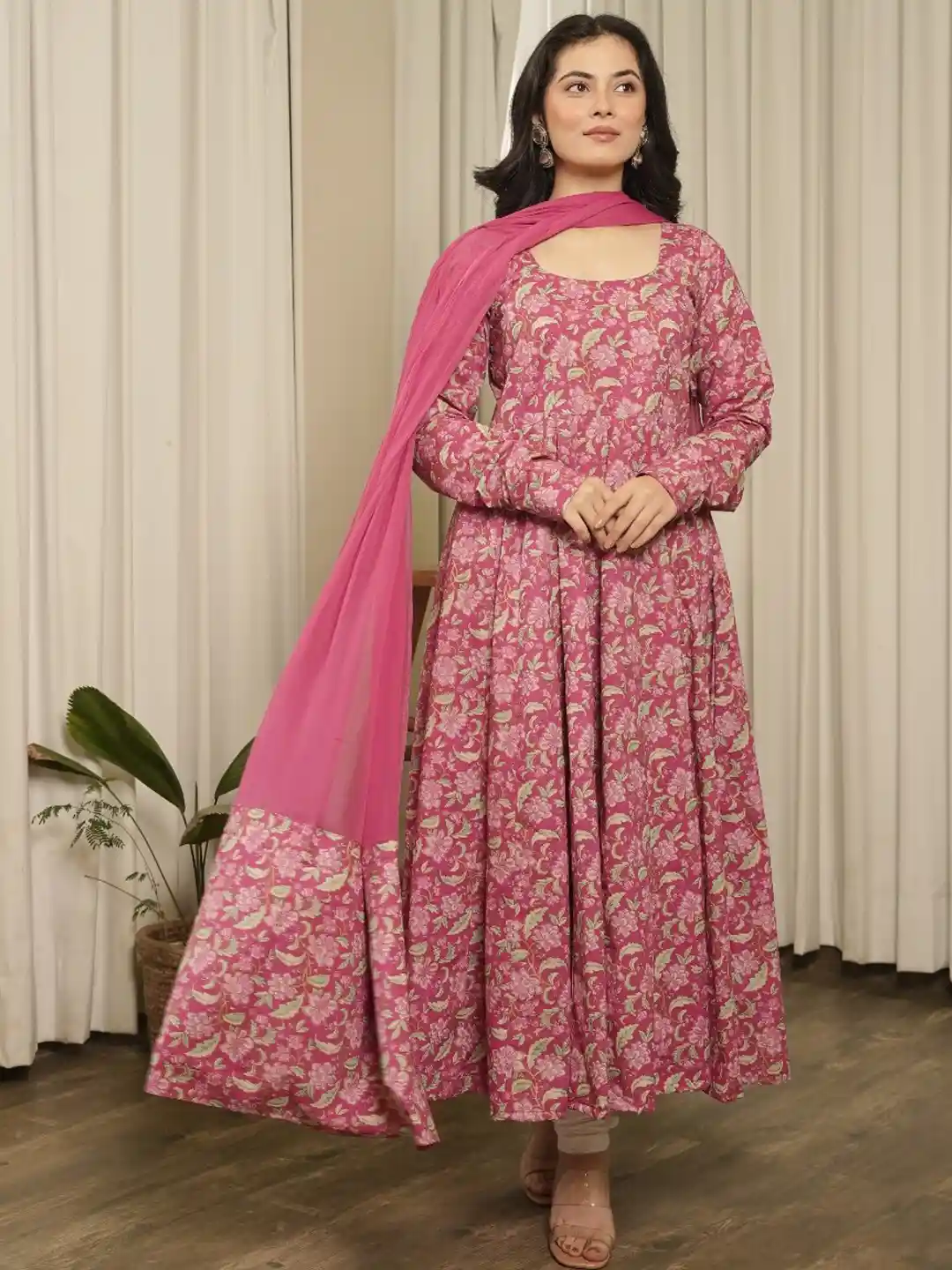 Buy OneWe Floral Printed Pure Cotton Anarkali Kurta with Churidar