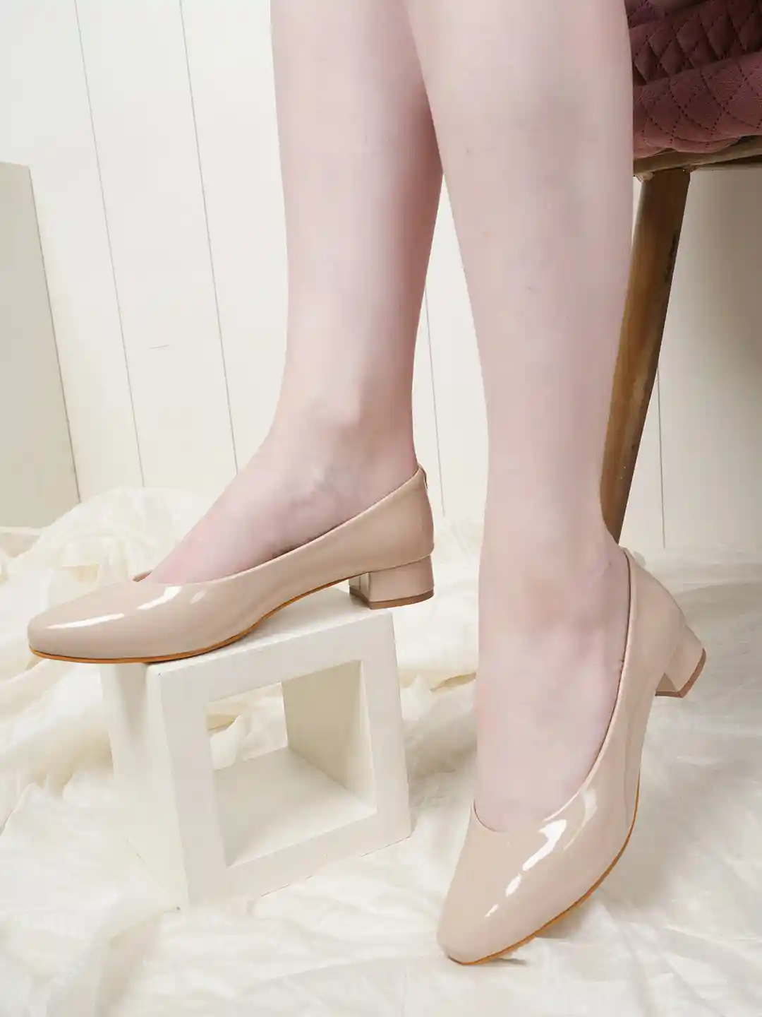 Buy DressBerry Cream-Coloured Round Toe Block Heeled Pumps Heels
