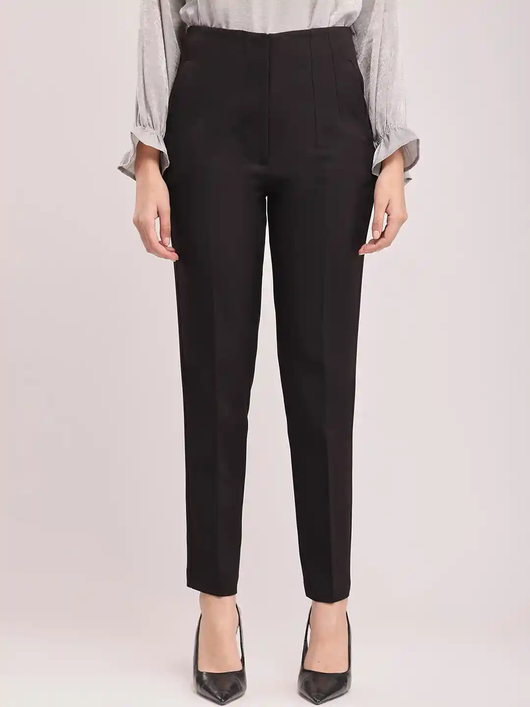 Buy FableStreet Women Black Tapered Fit High-Rise Formal Trousers
