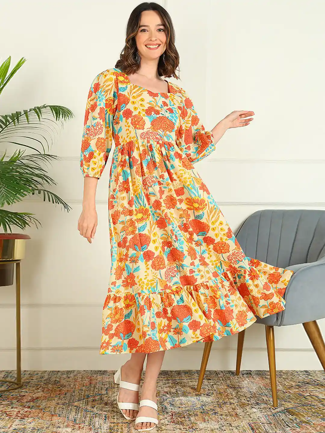 Buy mokshi Floral Printed V-Neck A-Line Pure Cotton Midi Dress