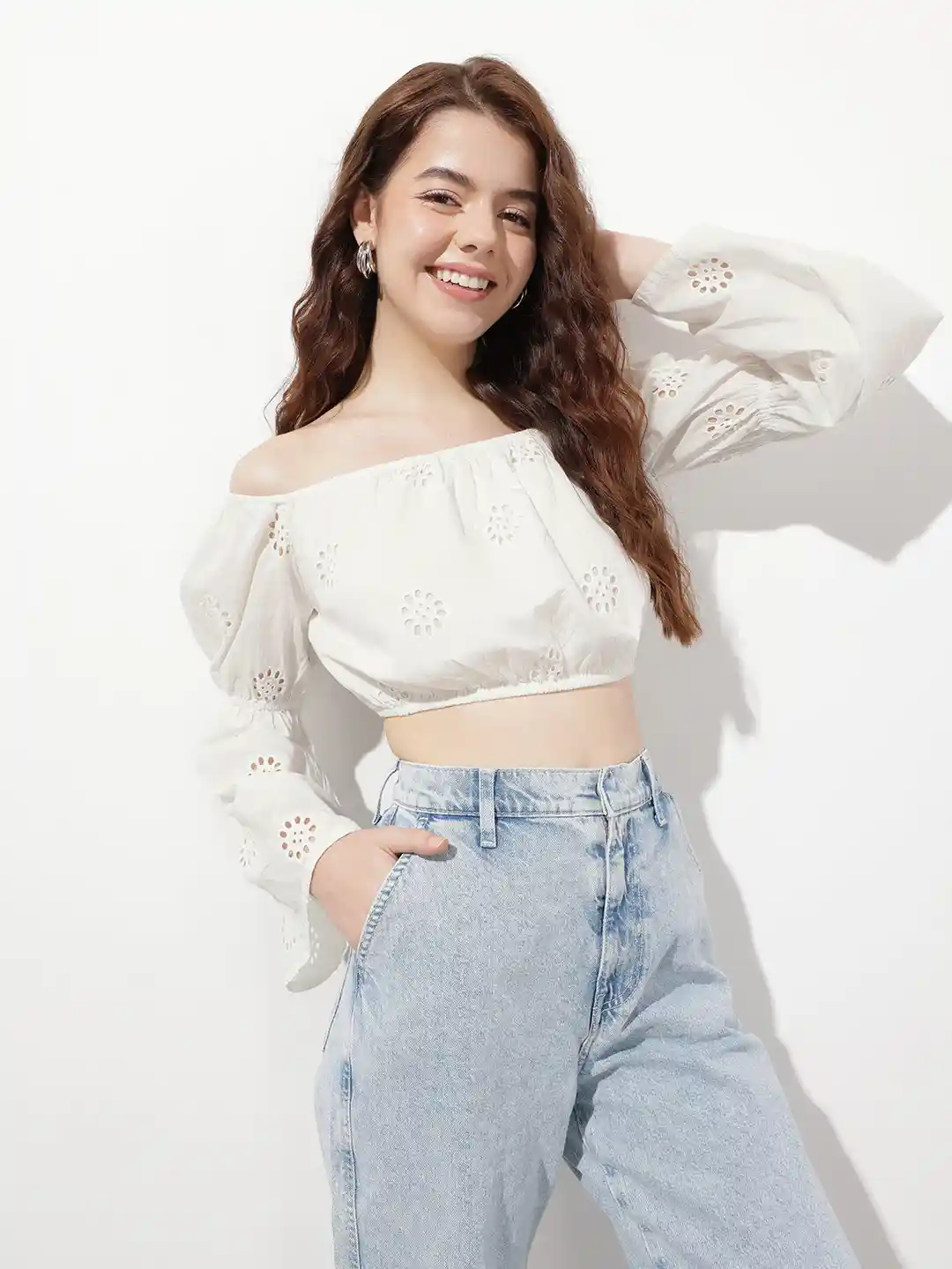 Buy DressBerry Off-Shoulder Bell Sleeves Schiffli Bardot Crop Top