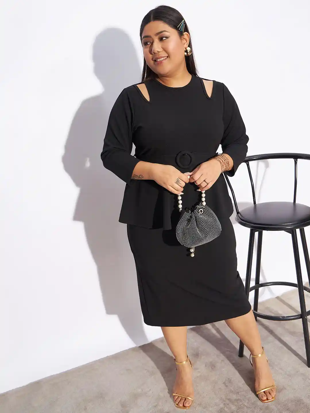 Buy SASSAFRAS Curve Plus Size Black Cut-Outs Front Peplum Sheath