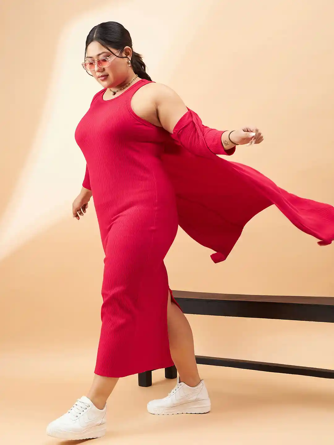 Buy SASSAFRAS Curve Plus Size Red Ribbed Sleeveless Sheath Midi