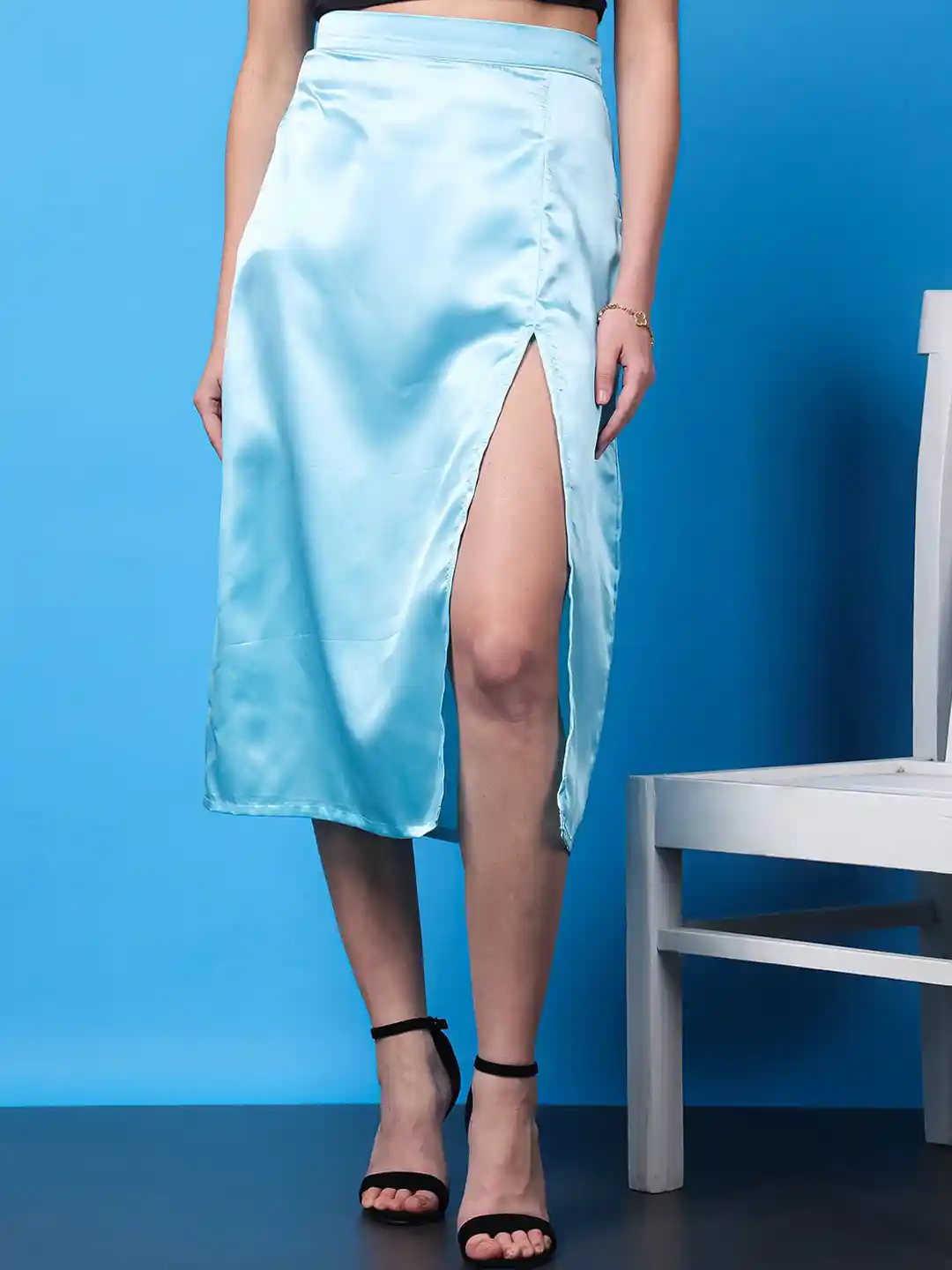 Buy Cation Blue Elegance High Rise Satin Straight Midi Skirt With