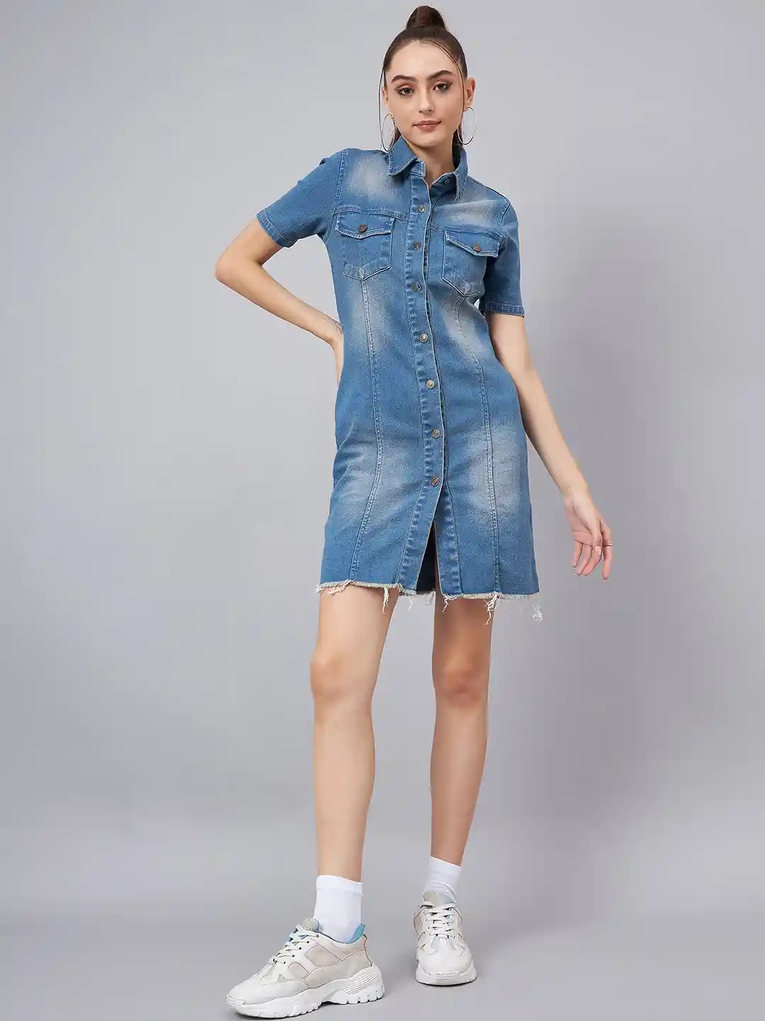 Buy Orchid Blues Short Sleeves Cotton Denim Shirt Dress Dresses