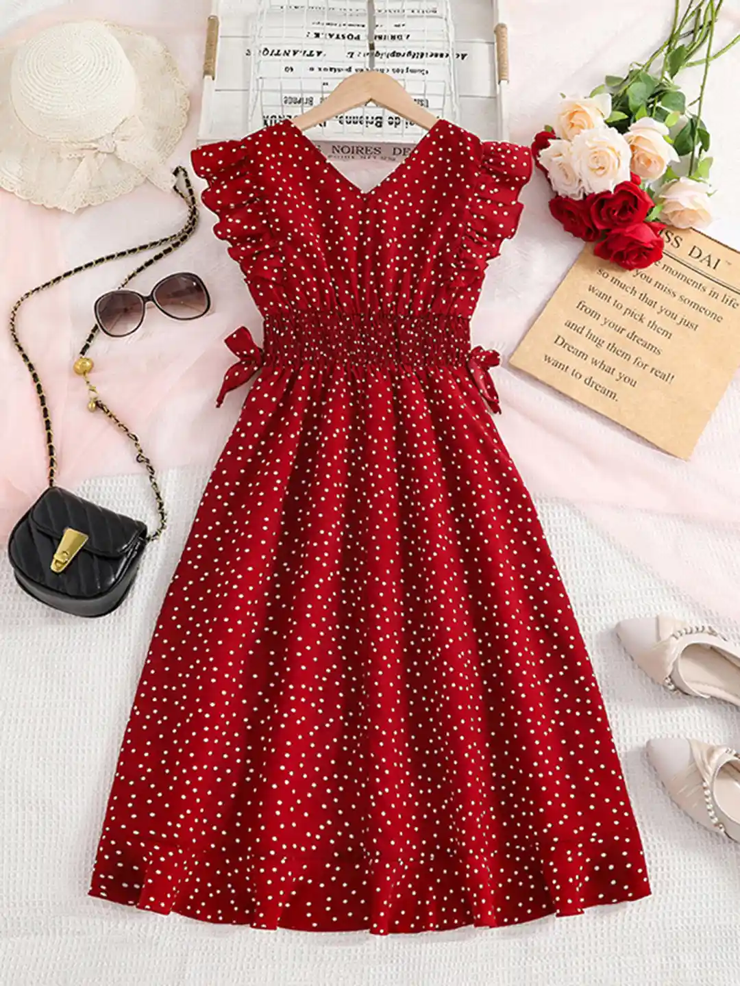 Buy StyleCast Red Girls Polka Dot Printed V-Neck Smocked Detail