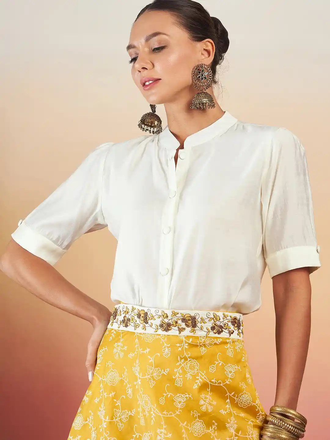 Bollywood Shirt And Skirt Style Shirt Long Skirt From Saree YELLOW
