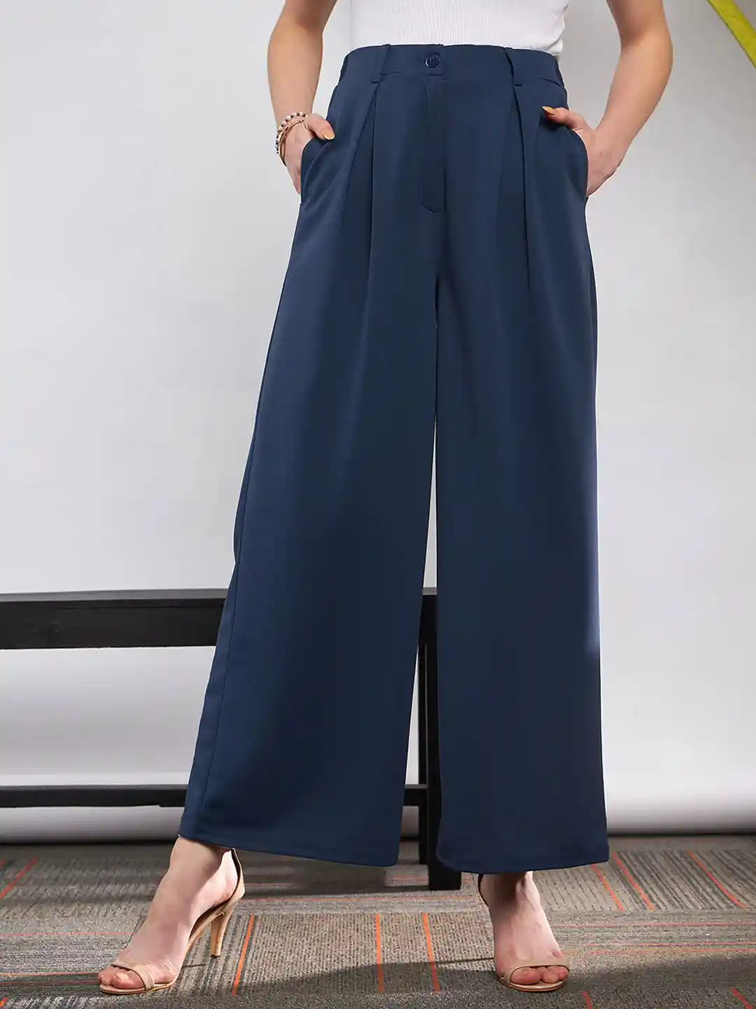 Buy SASSAFRAS Women High-Rise Parallel Wide Leg Trousers