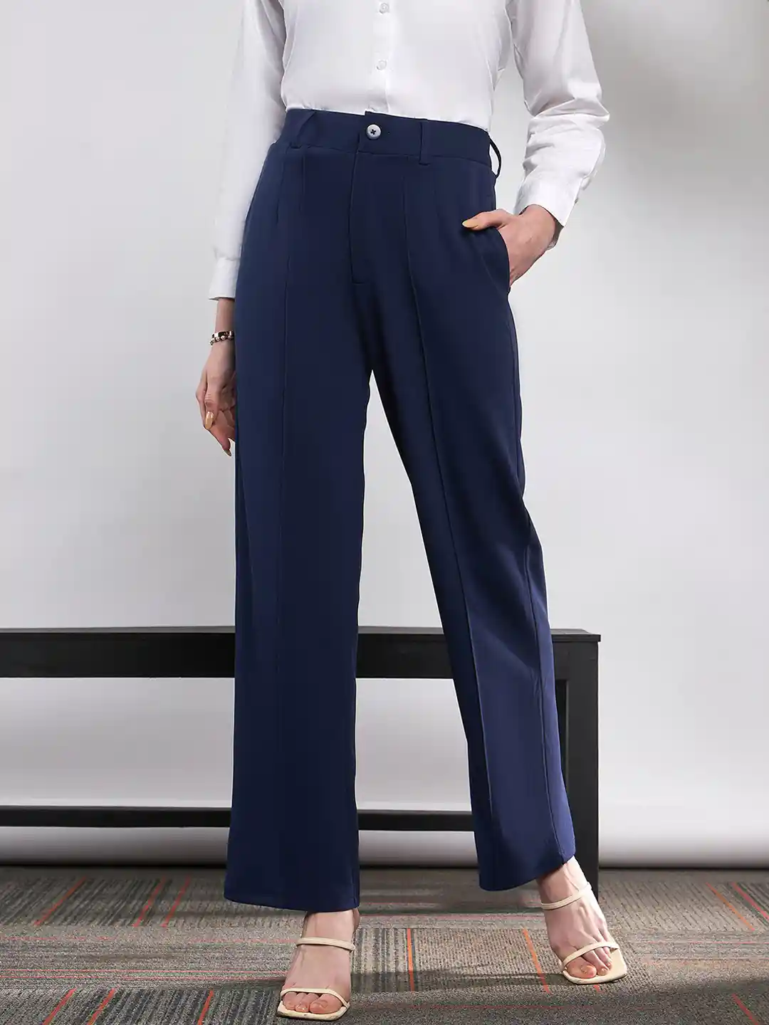 Buy SASSAFRAS Women Navy Blue Straight Fit High-Rise Pleated