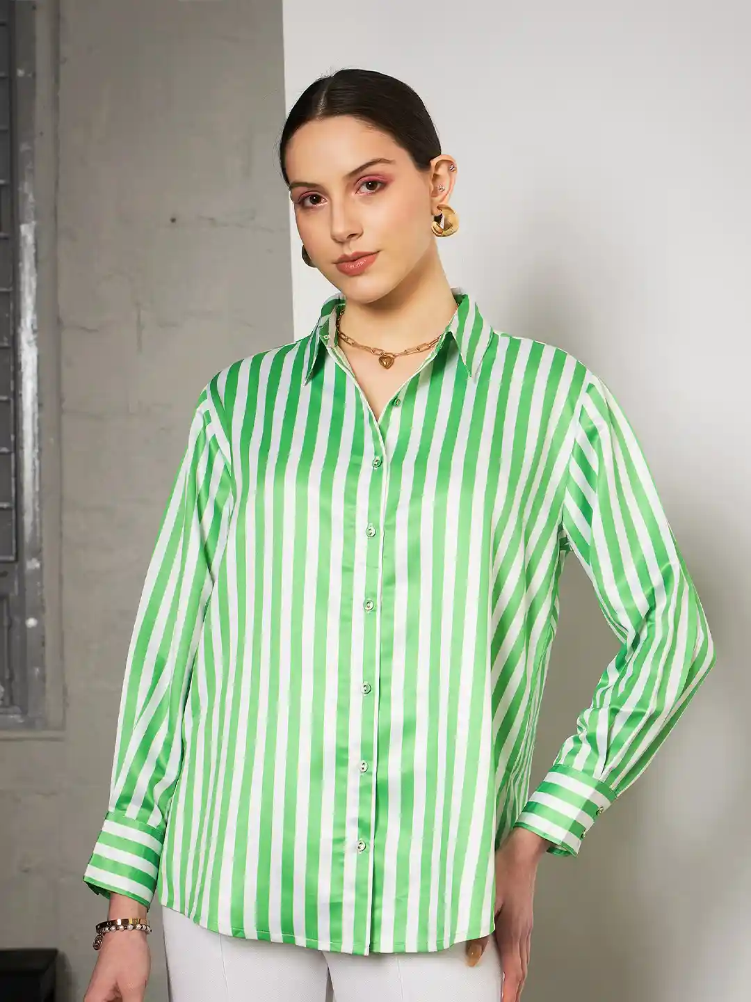 Buy SASSAFRAS Green Vertical Striped Spread Collar Satin Oversized
