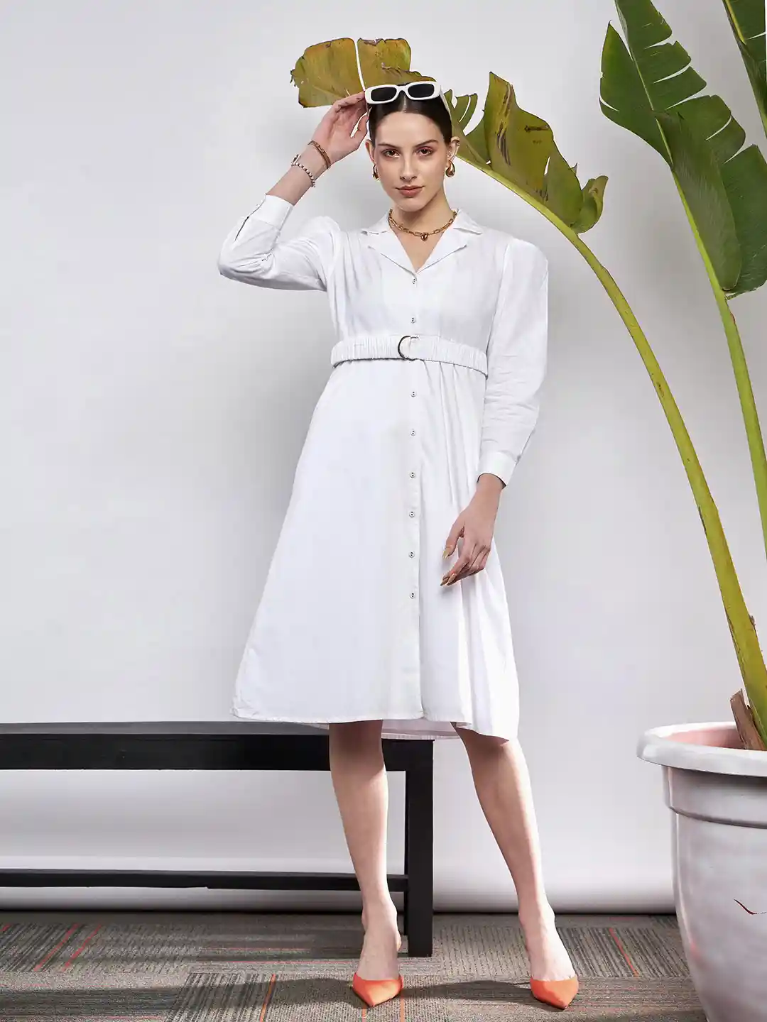 Buy SASSAFRAS White Puff Sleeve Belted Shirt Style Midi Dress
