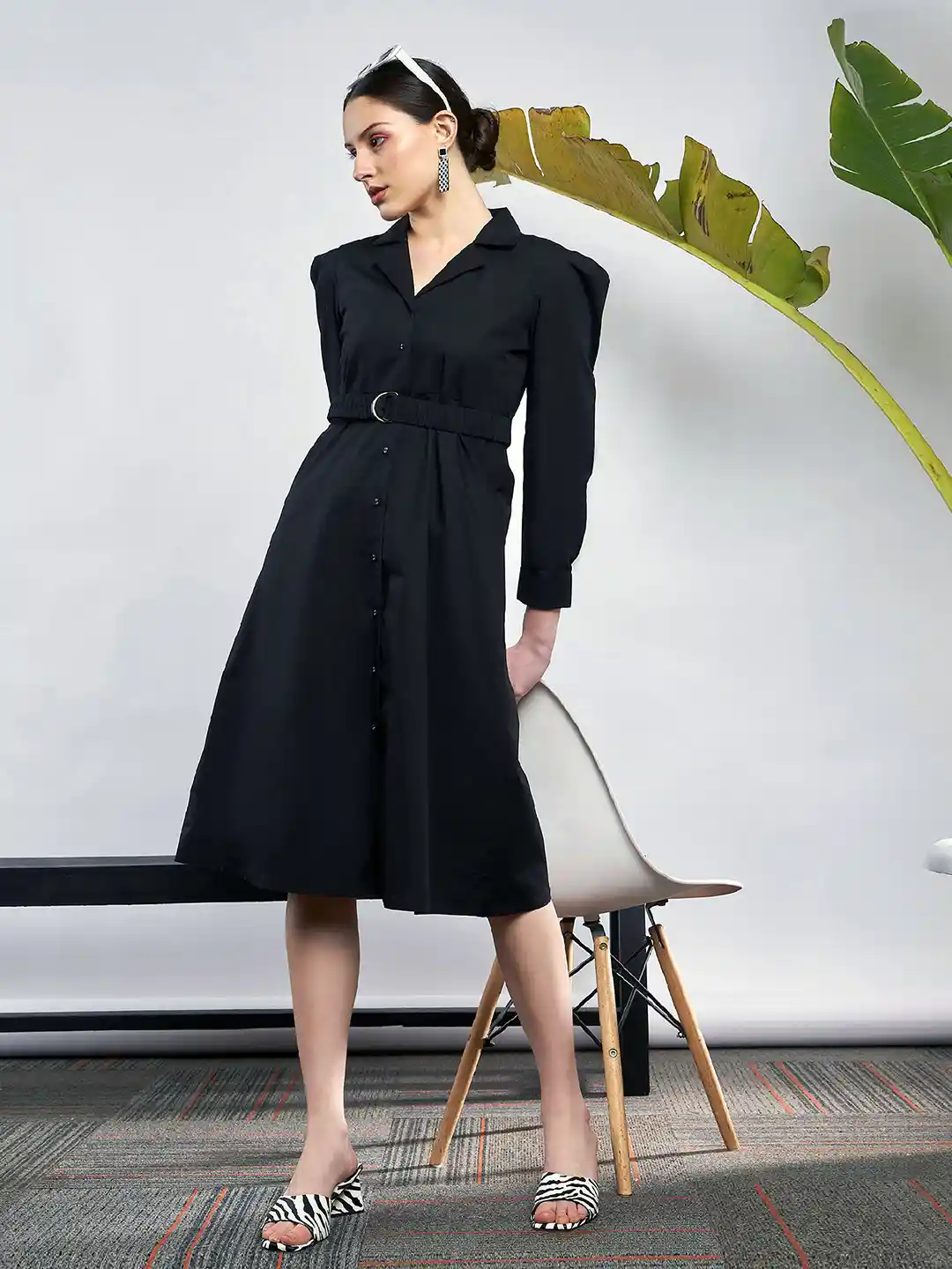 Buy SASSAFRAS Black Puff Sleeve Belted Shirt Style Dress Dresses
