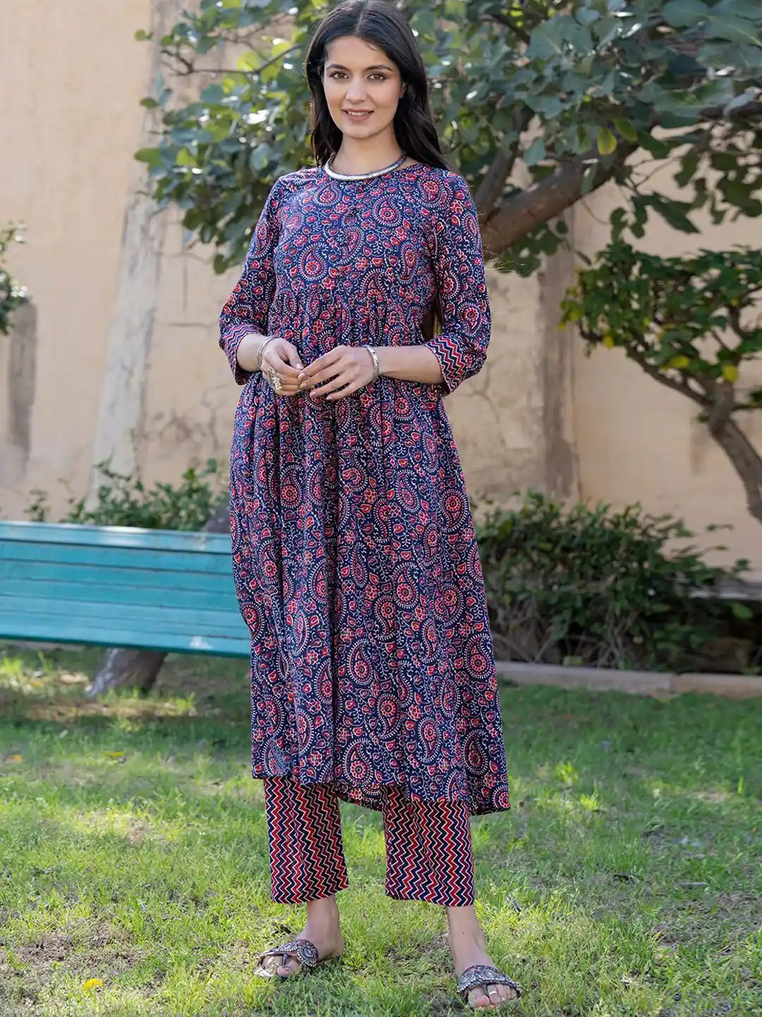 Red Paisley Prented Pure Cotton A-line Kurta