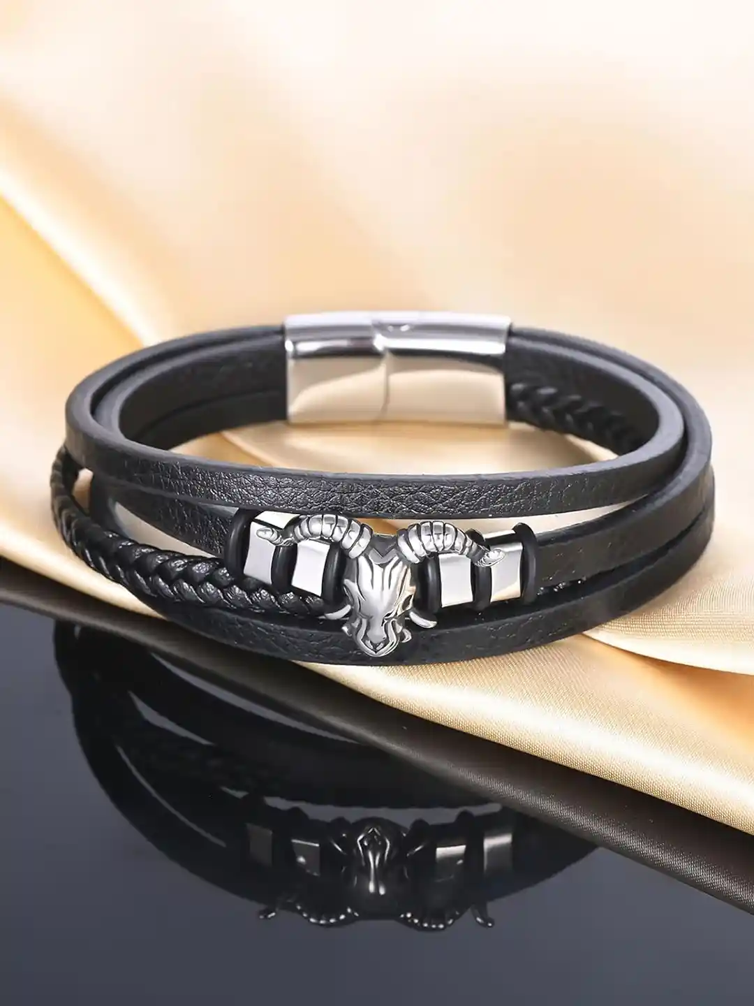 Buy Fashion Frill Men Leather Silver-Plated Wraparound Bracelet