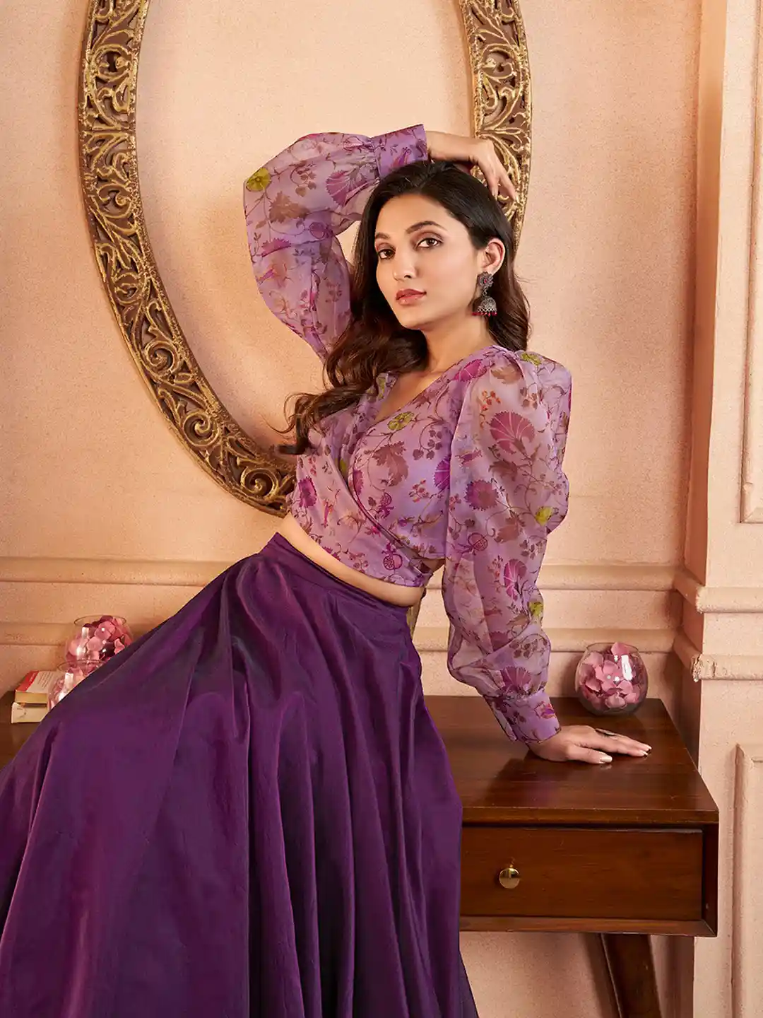 Buy Inddus Floral Printed V-Neck Organza Crop Top with Mid