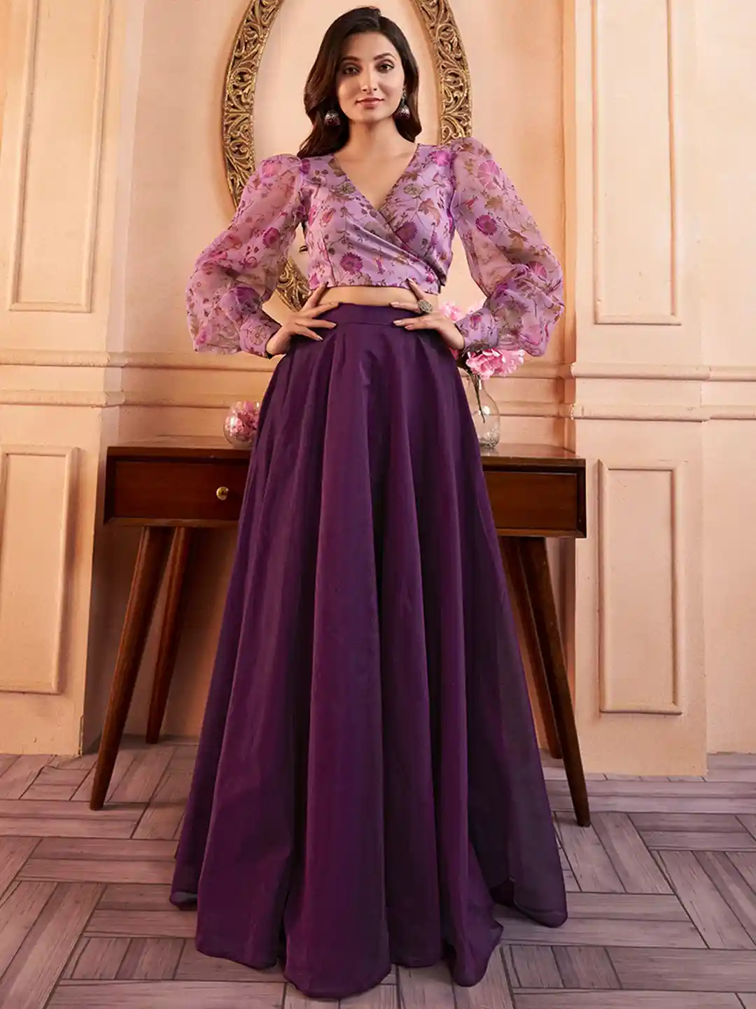 Buy Inddus Floral Printed V-Neck Organza Crop Top with Mid-Rise