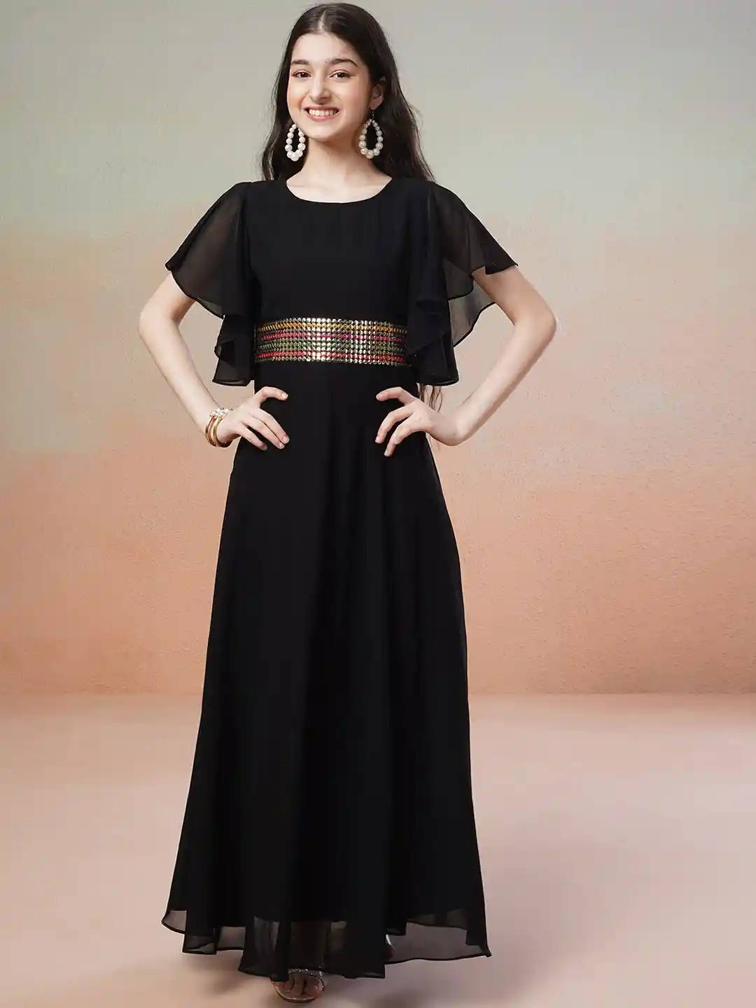 Buy Inddus Girls Embellished Detail Flared Sleeves Georgette Fit