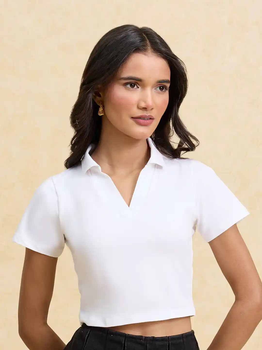 Buy 20Dresses White ss24 Polo Collar Short Sleeves Crop Slim Fit T